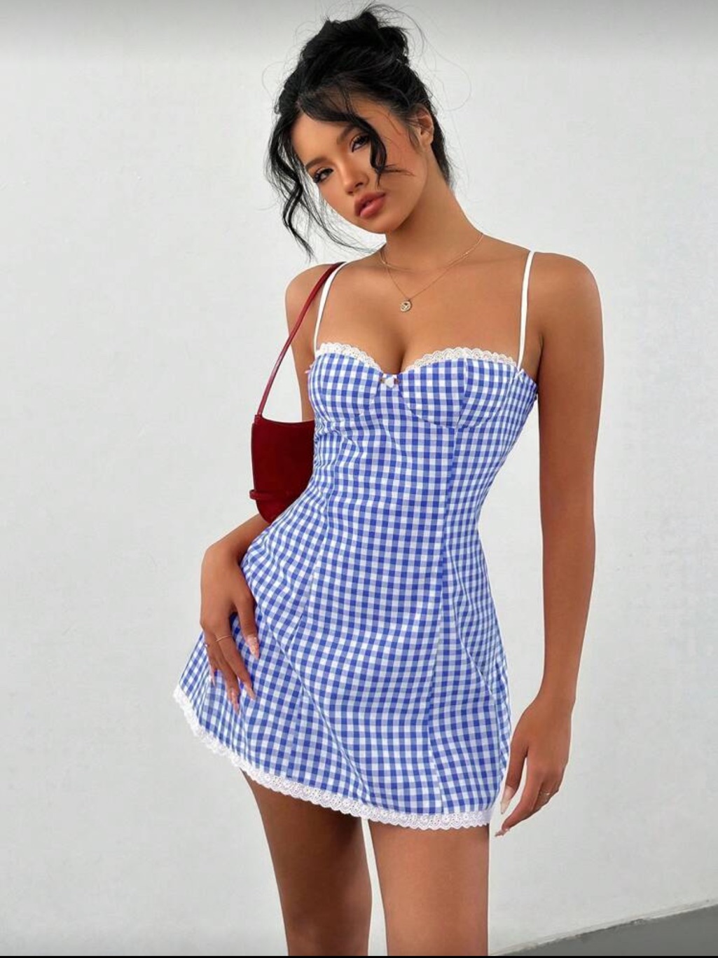 Blue Gingham Lace Trim Mini Dress
